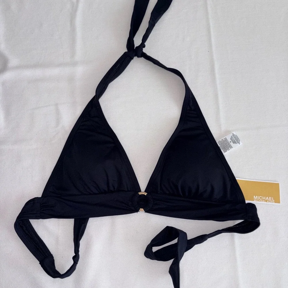 Michael Kors Bikini Top M Black NEW Halter Triangle Logo Ring MM5W275S